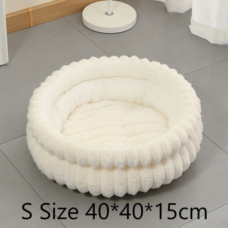 Removable Faux Rabbit Fur Round Pet Bed, Thick Warm Moisture Resistant All Season Cat & Dog Nest, Cream White, Size S, 15.75x15.75x5.91in, Soft Sleep Nest For Small Pets