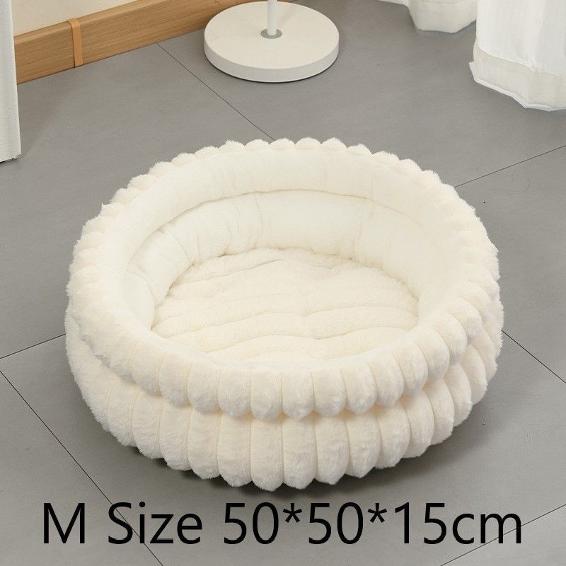 Washable Faux Rabbit Fur Round Pet Bed, Plush Warm Anti-Moisture Pet Sleeping Nest, Cream White, Size M, 19.69x19.69x5.91in, Matches Light Interior Home Decor