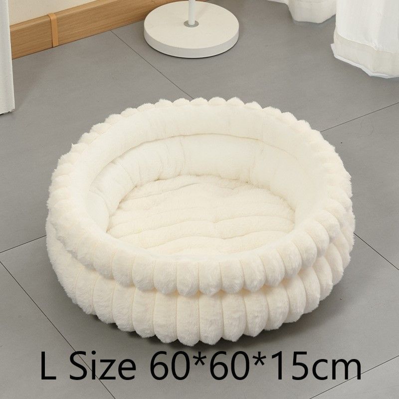 Detachable Faux Rabbit Fur Round Pet Bed, All Season Thick Cushion Pet Bed, Moisture Proof Indoor Rest Nest, Cream White, Size L, 23.62x23.62x5.91in