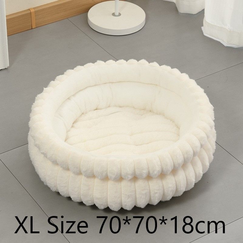 Faux Rabbit Fur Round Pet Bed With Removable Liner, Warm Plush All Season Dog Cat Nest, Cream White, Size XL, 27.56x27.56x7.09in, Premium Bed For Medium Large Cats & Dogs