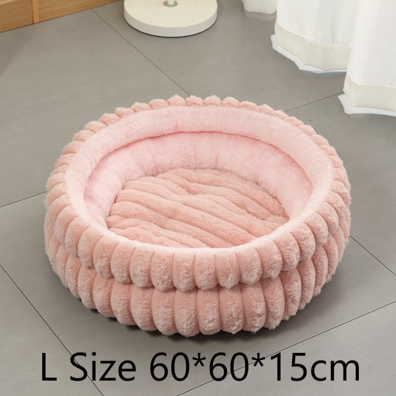 Detachable Faux Rabbit Fur Round Pet Bed, All Season Thick Cushion Pet Bed, Moisture Proof Design For Home Use, Pink, Size L, 23.62x23.62x5.91in