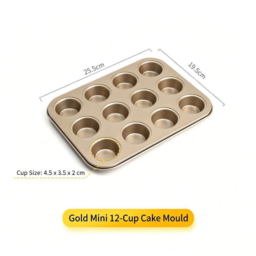 Non-Stick Mini Muffin Baking Tray, Household Cake Baking Mould For Oven Use, Gold Mini 12-Cup Pan, Premium Home Baking Accessory