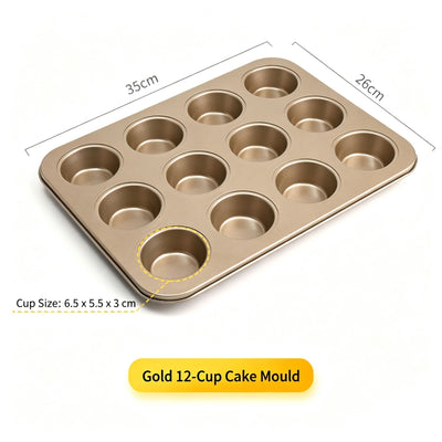 Non-Stick Muffin Baking Pan, Household Oven Cake & Bread Mould, Gold 12-Cup Baking Tray, Versatile DIY Baking Tool