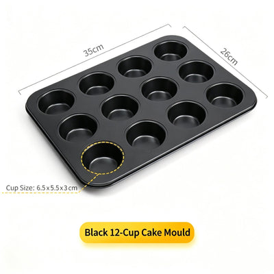 Non-Stick Muffin Baking Tray, Household Oven Cake & Bread Mould, Black 12-Cup Baking Pan, Reliable DIY Baking Accessory