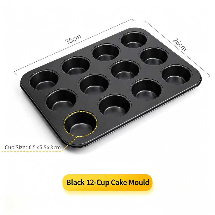 Non-Stick Muffin Baking Tray, Household Oven Cake & Bread Mould, Black 12-Cup Baking Pan, Reliable DIY Baking Accessory