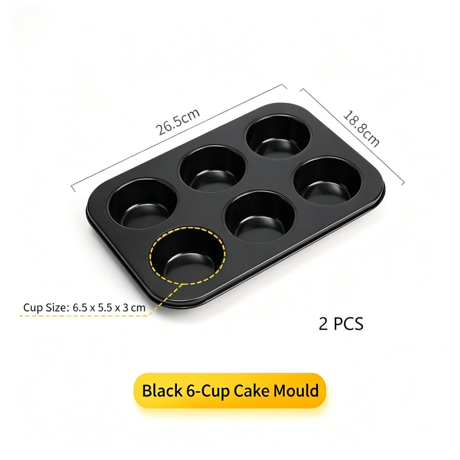 Non-Stick Muffin Baking Tray, Household Oven Cake Bread Mould, Black 6-Cup Baking Pan, Set Of 2, Sturdy Kitchen Baking Equipment