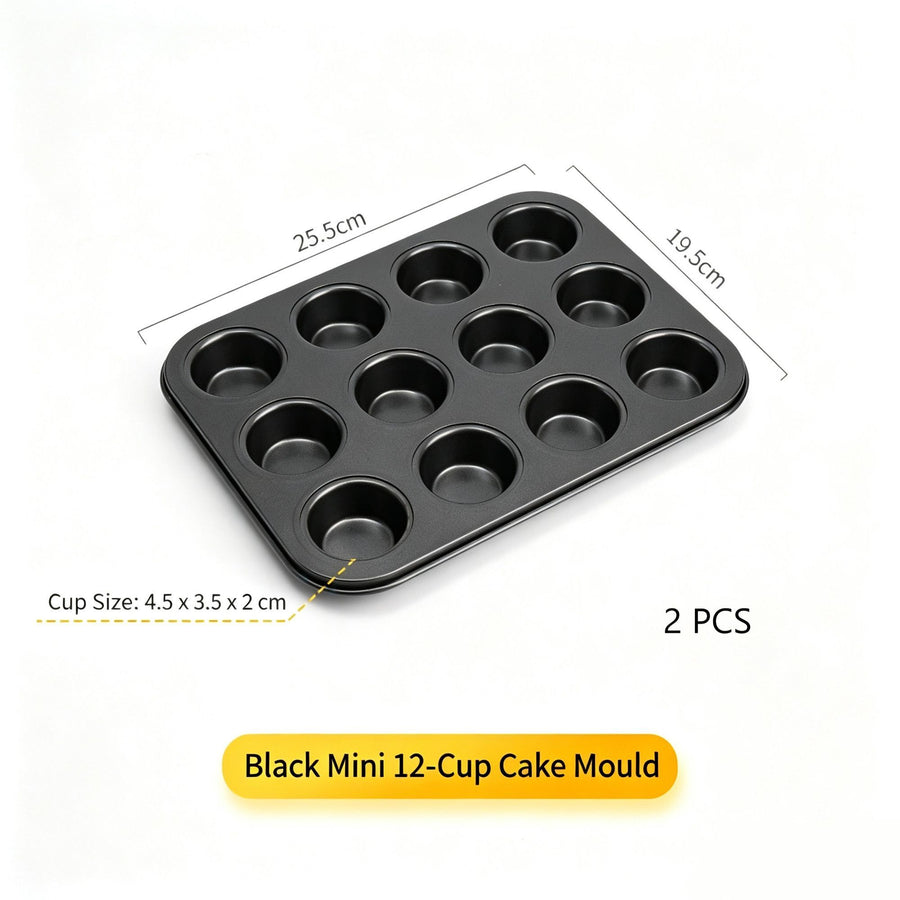 Non-Stick Mini Muffin Baking Pan, Household Oven Cupcake Mould, Black Mini 12-Cup Tray, Set Of 2, Handy Home Baking Gadget