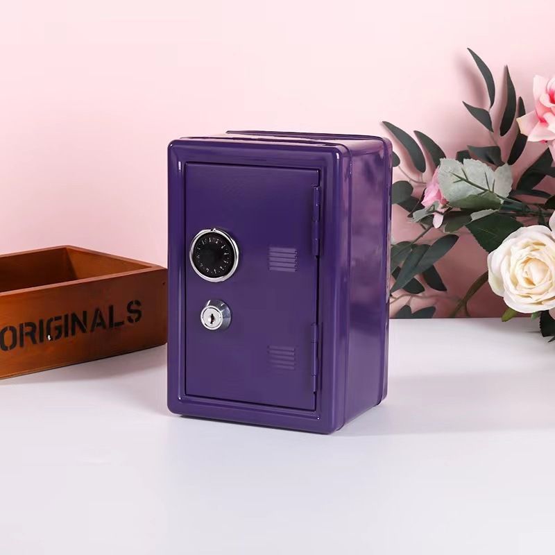 Metal Lockable Money Saving Box, Secure Household Storage Case For Loose Change & Valuables, Purple, Compact Home Piggy Bank Storage