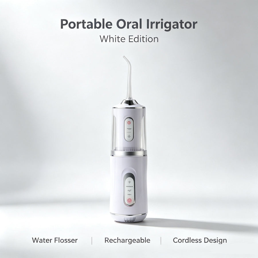 Portable Rechargeable Electric Water Flosser, Household Oral Irrigator For Deep Teeth Cleaning, A8 White With 4 Replacement Nozzles, Travel Friendly Dental Care Equipment
