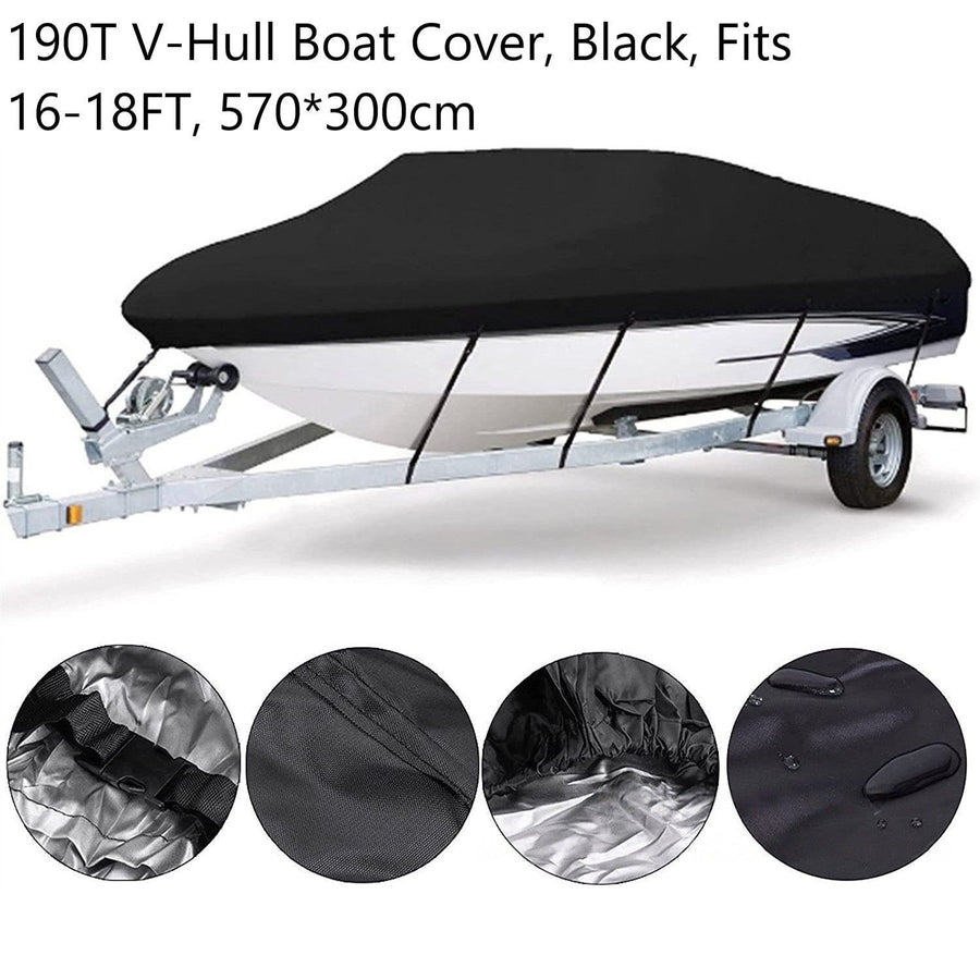 190T Polyester Taffeta V-Hull Boat Cover, Multi-Functional Outdoor Dustproof Waterproof Yacht Protector, Black, Fits 16-18FT, 570cm*300cm, Ideal For Shore Parking