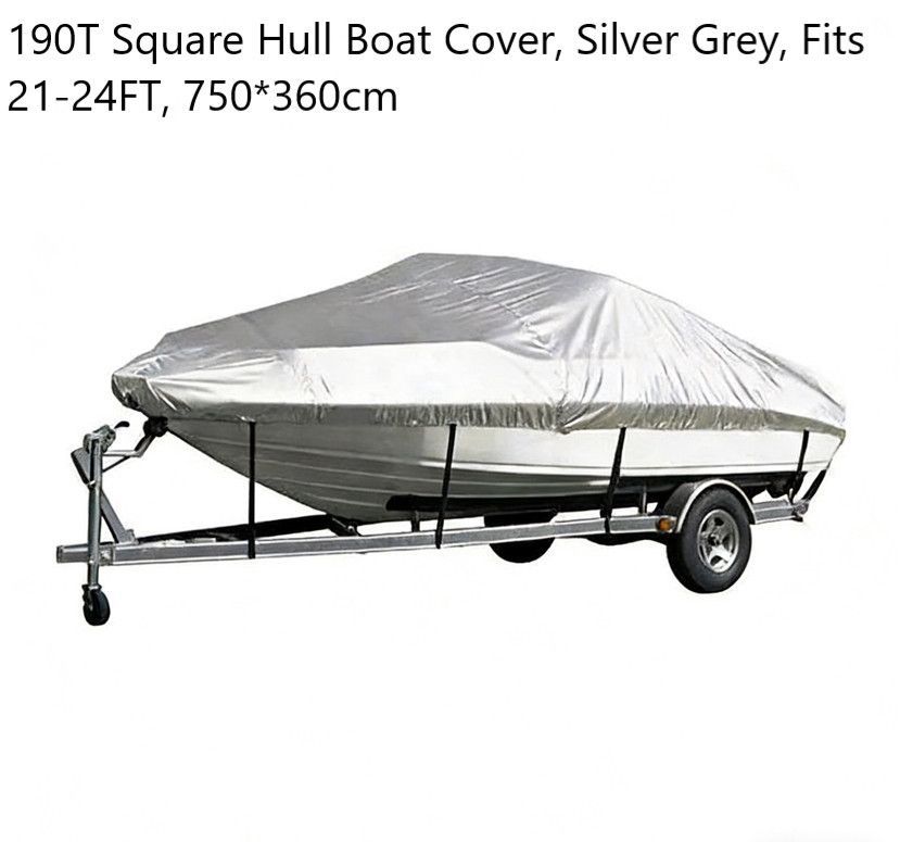 190T Polyester Taffeta Square Hull Boat Cover, UV Protective Outdoor Yacht Shield Against Rain & Dust, Silver Grey, Fits 21-24FT, 750cm*360cm, Light Tone Marine Cover