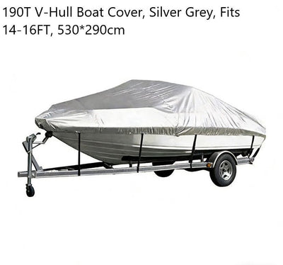 190T Polyester Taffeta V-Hull Boat Cover, All Weather Outdoor Marine Cover Blocks UV & Rain, Silver Grey, Fits 14-16FT, 530cm*290cm, Popular Vessel Storage Shield