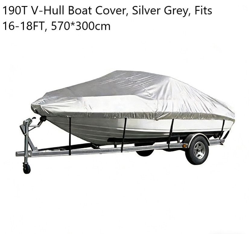 190T Polyester Taffeta V-Hull Boat Cover, Dust & Water Resistant Outdoor Yacht Protective Cover, Silver Grey, Fits 16-18FT, 570cm*300cm, Great For Marina Storage
