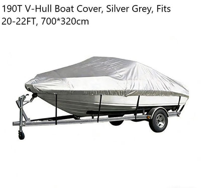 190T Polyester Taffeta V-Hull Boat Cover, Multi-Purpose Outdoor Dustproof Sun Protection Yacht Cover, Silver Grey, Fits 20-22FT, 700cm*320cm, Reliable Open Air Vessel Cover
