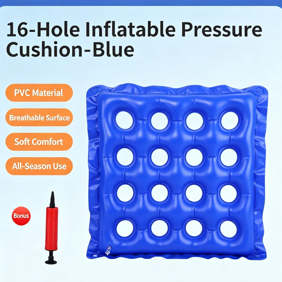 Inflatable Pressure Sore Relief Cushion, PVC 16 Hole Square Seat Pad For Coccyx, Hip & Buttocks Support, Blue, Reduces Bed Sore Risk