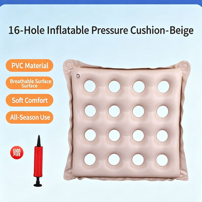 Inflatable Anti-Bedsore Seat Cushion, PVC 16 Hole Square Pressure Relief Pad For Buttock & Coccyx, Beige, Comfort For Long Sitting