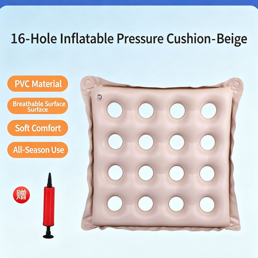 Inflatable Anti-Bedsore Seat Cushion, PVC 16 Hole Square Pressure Relief Pad For Buttock & Coccyx, Beige, Comfort For Long Sitting