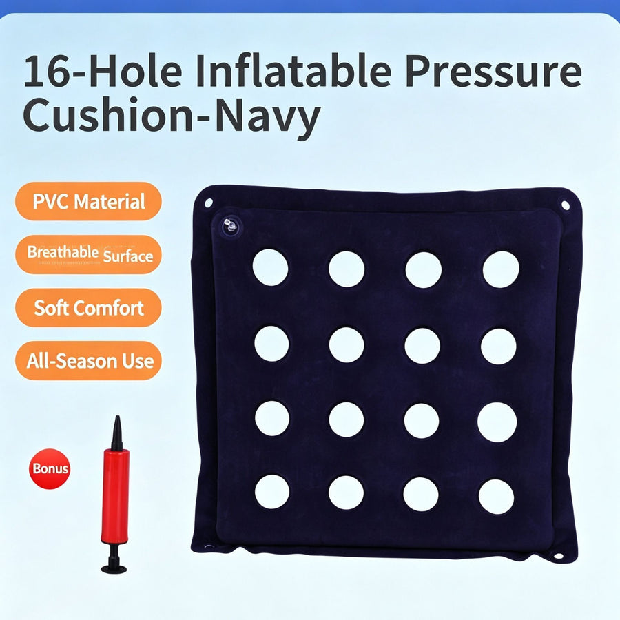 Flocked Inflatable Pressure Relief Cushion, 16 Hole Square Anti-Bedsore Pad For Hip & Tailbone, Blue, Soft Touch Medical Seat Support