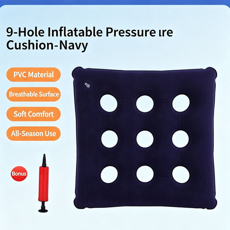 Flocked Inflatable Anti Pressure Sore Cushion, 9 Hole Square Seat Pad For Coccyx Protection, Blue, Breathable Cushion For Prolonged Sitting
