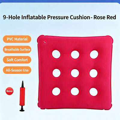 Flocked Inflatable Pressure Relief Seat Pad, 9 Hole Square Anti-Bedsore Cushion For Buttocks & Hips, Magenta, Comfort Soft Surface