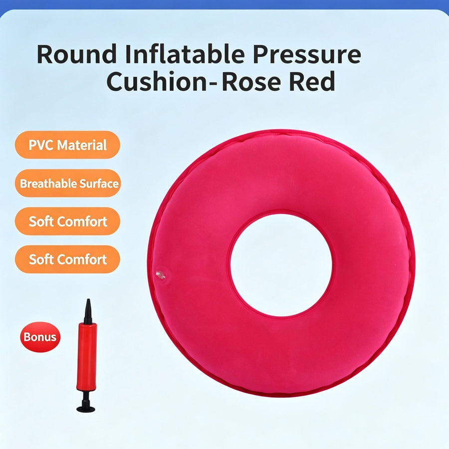 Flocked Inflatable Round Pressure Relief Cushion, Anti-Sore Seat Pad For Buttock & Coccyx, Magenta, Lightweight Inflatable Mat