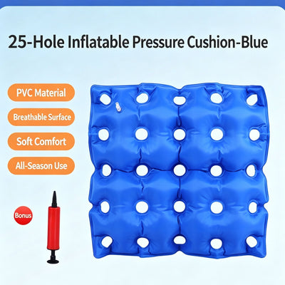 Inflatable 25 Hole Square Pressure Relief Cushion, Anti-Bedsore PVC Seat Pad For Hips, Buttocks And Coccyx, Blue, Even Pressure Distribution