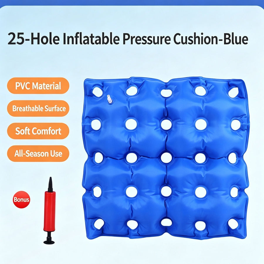 Inflatable 25 Hole Square Pressure Relief Cushion, Anti-Bedsore PVC Seat Pad For Hips, Buttocks And Coccyx, Blue, Even Pressure Distribution
