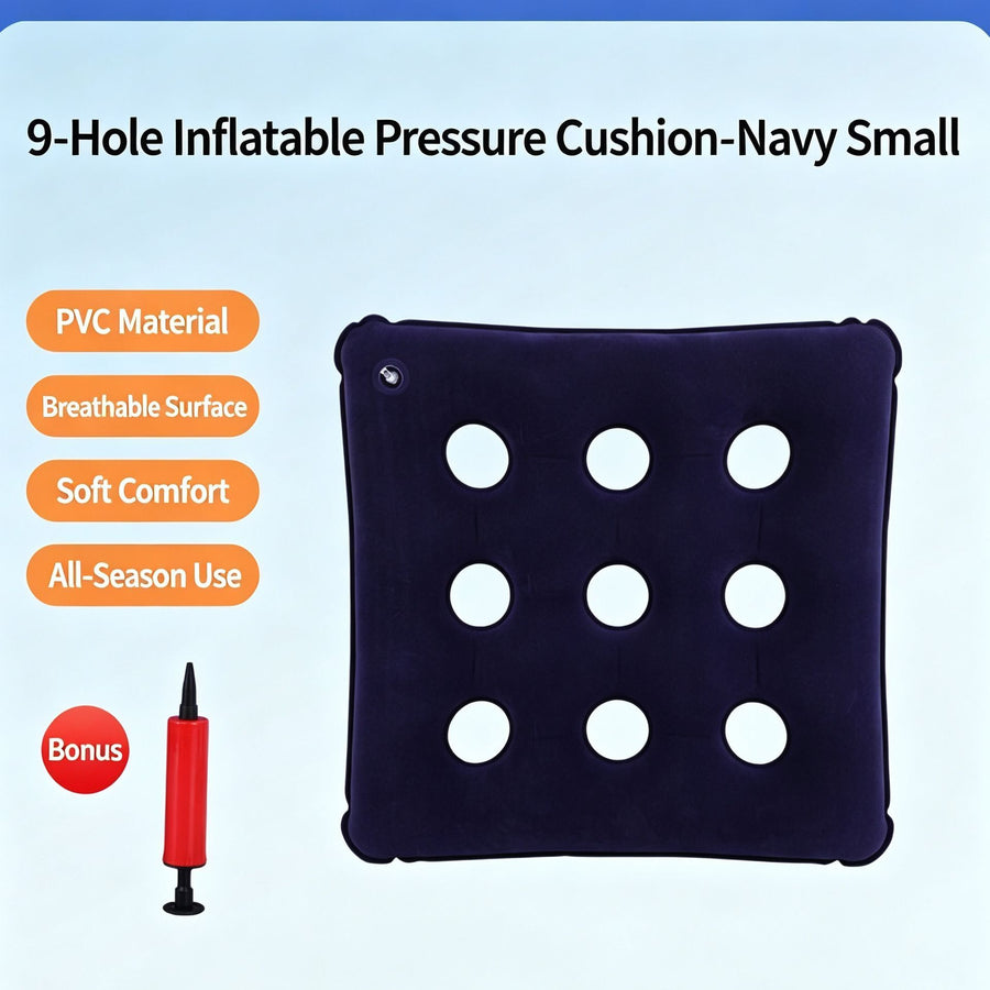 Flocked Inflatable Small 9 Hole Square Anti Pressure Sore Cushion, Tailbone & Hip Support Pad, Blue, Compact Design For Daily Use