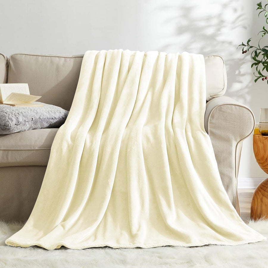 Ultra Soft Flannel Fleece Throw Blanket, Lightweight Warm Cozy Plush Cover For Sofa, Bed & Cuddle Use, Off White, 100X150cm, Size S, Versatile Indoor Home Bedding
