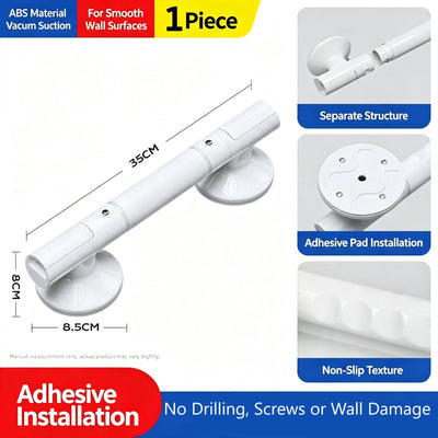 No Drill Bathroom Safety Grab Bar, Anti-Slip Handrail For Restroom, Removable White Support Handle, 45cm, Adhesive Putty Mount, Sturdy Household Mobility Accessory