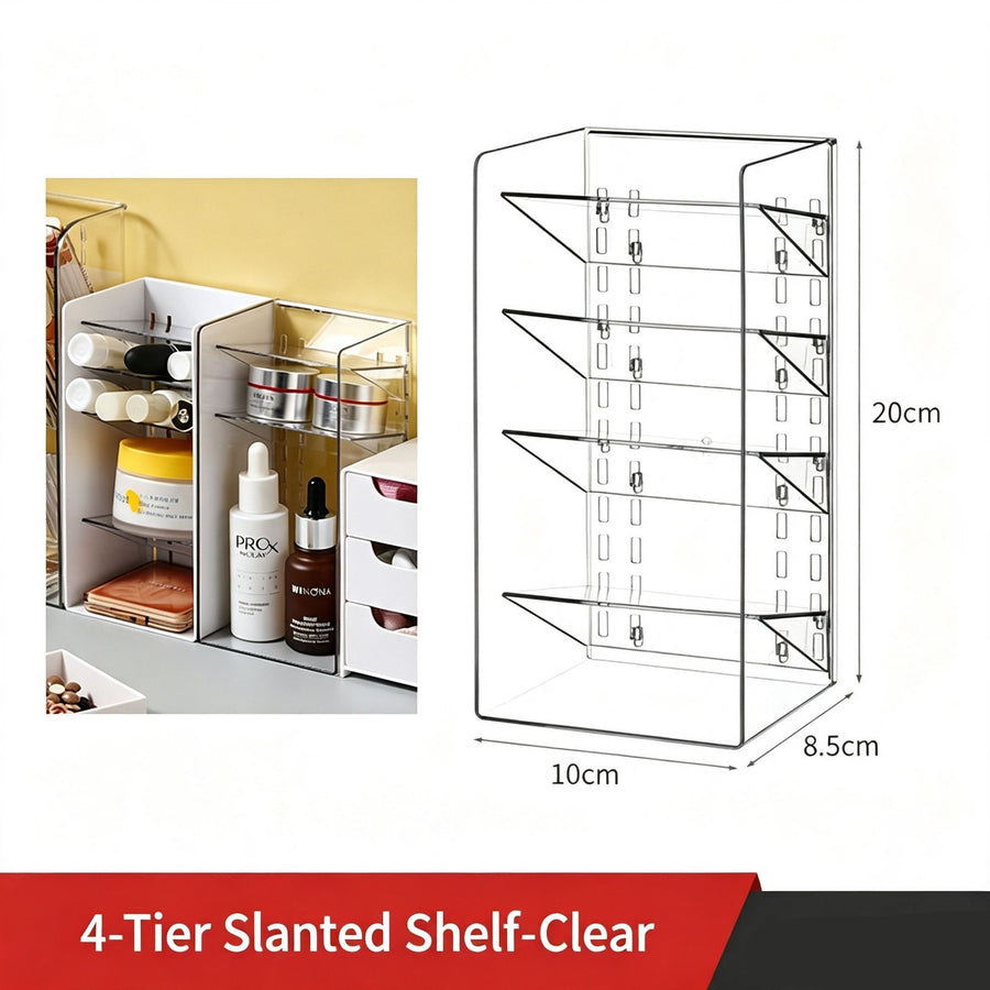 4 Tier Slanted Grid Acrylic Storage Rack, Clear Cosmetic Display Holder For Makeup Brushes & Skincare Items