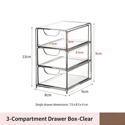 Clear 3 Grid Small Drawer Organiser, Acrylic Cosmetic Storage Box For Vanity And Bathroom Cabinet