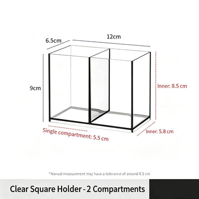 Clear Square Makeup Holder, 2 Compartments Acrylic Storage Tube For Lipstick & Cosmetic Tools