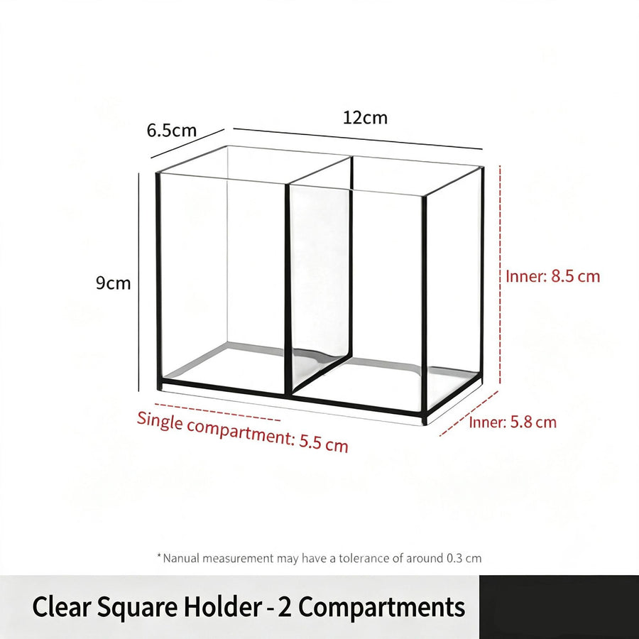 Clear Square Makeup Holder, 2 Compartments Acrylic Storage Tube For Lipstick & Cosmetic Tools