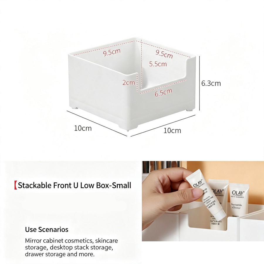White Low U-Shaped Storage Box, Small Size Acrylic Cosmetic Tray For Vanity