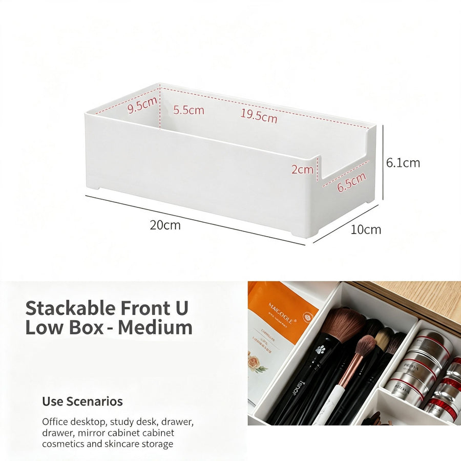 White Low U-Shaped Storage Box, Medium Size Acrylic Cosmetic Tray For Vanity
