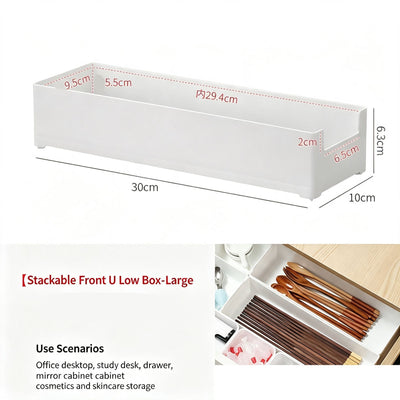 White Low U-Shaped Storage Box, Large Size Acrylic Cosmetic Tray For Vanity