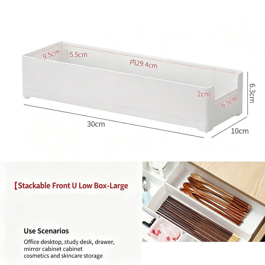 White Low U-Shaped Storage Box, Large Size Acrylic Cosmetic Tray For Vanity