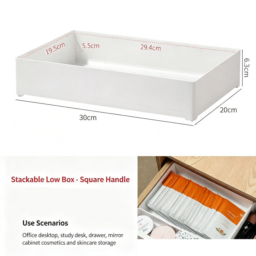 White Low Square Storage Box, Compact Acrylic Organiser For Bathroom Cabinet