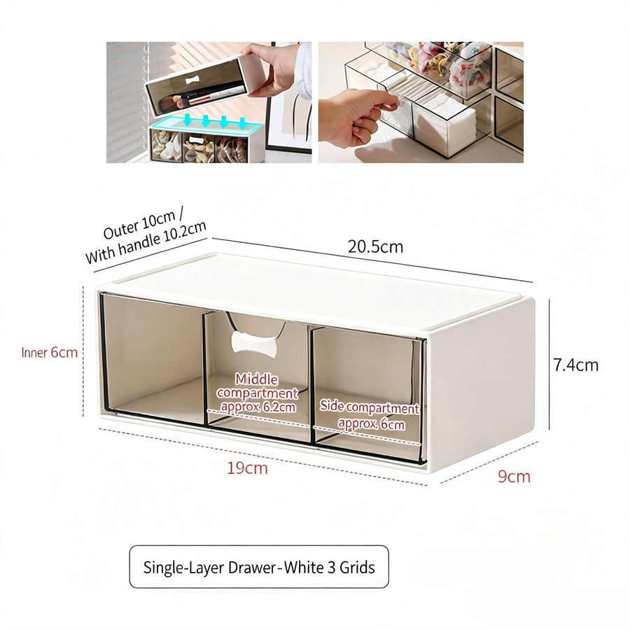 White 3 Grid Single Layer Drawer Organiser, Acrylic Cosmetic Storage Tray