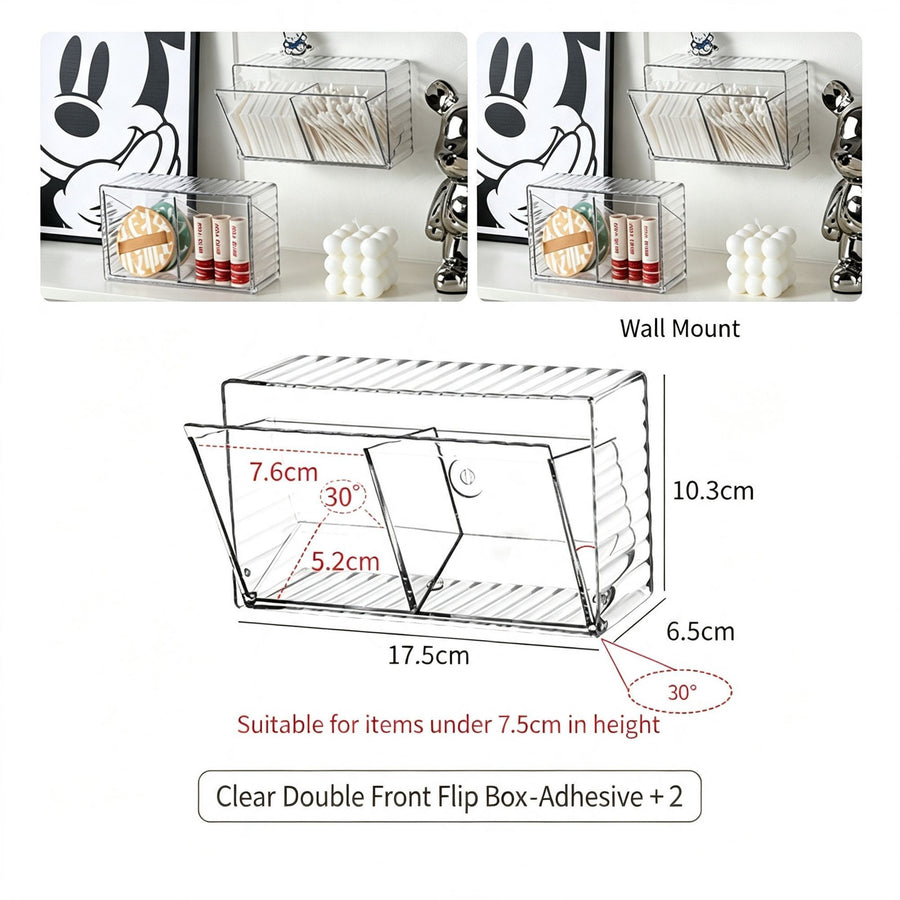 Clear Dual Compartment Front Flip Storage Box, Acrylic Cosmetic Organiser