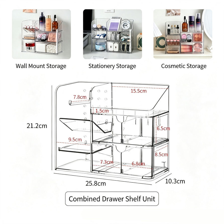 Combined Acrylic Storage Unit, Connected Shelf With Drawers For Dressing Table