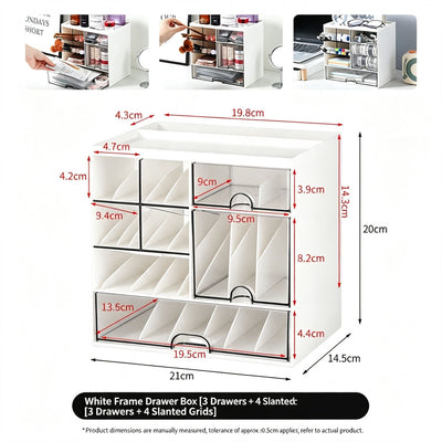 White Frame Drawer Organiser, 3 Drawers With Slant Grid, Multi Compartment Storage