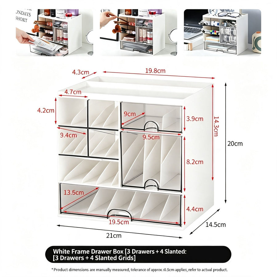 White Frame Drawer Organiser, 3 Drawers With Slant Grid, Multi Compartment Storage