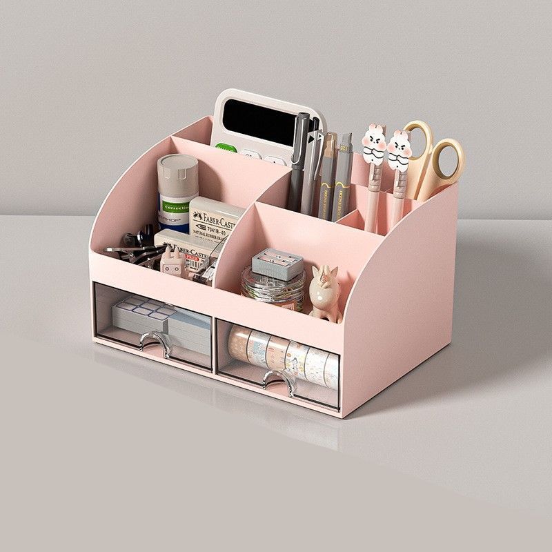 Pink Double Drawer Desk Storage Organiser, Thickened Non-Toxic Container, All-Round Caddy For Gentle Minimalist Workspace