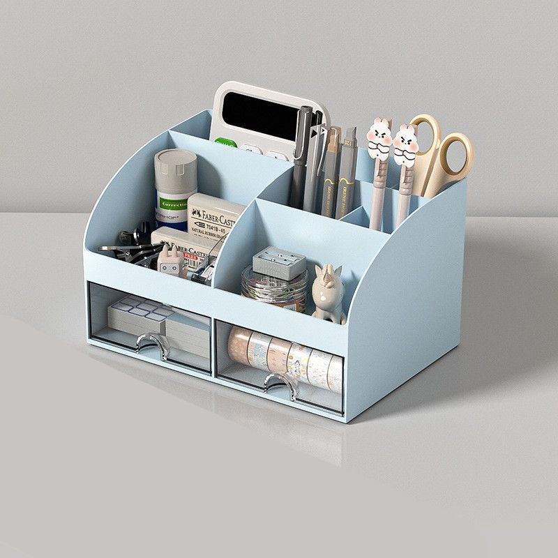 Blue Two Drawer Desktop Stationery Box, Thickened Non-Toxic Organiser, Stable Storage Rack For Well-Arranged Student Work Desks