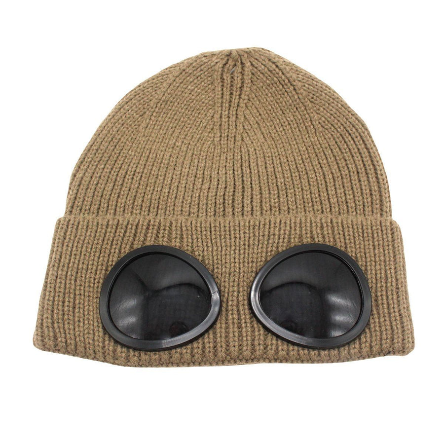 Fleece Lined Knitted Beanie With Windproof Goggles For Men & Women, Updated Winter Warm Skull Cap, Stylish Khaki One Size