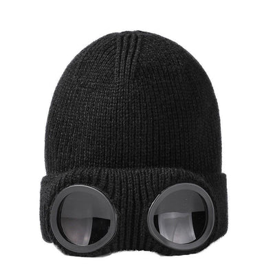 Warm Thick Knit Cold Weather Hat Attached Wind Resistant Eyewear, Upgraded Thermal Beanie, Classic Black One Size