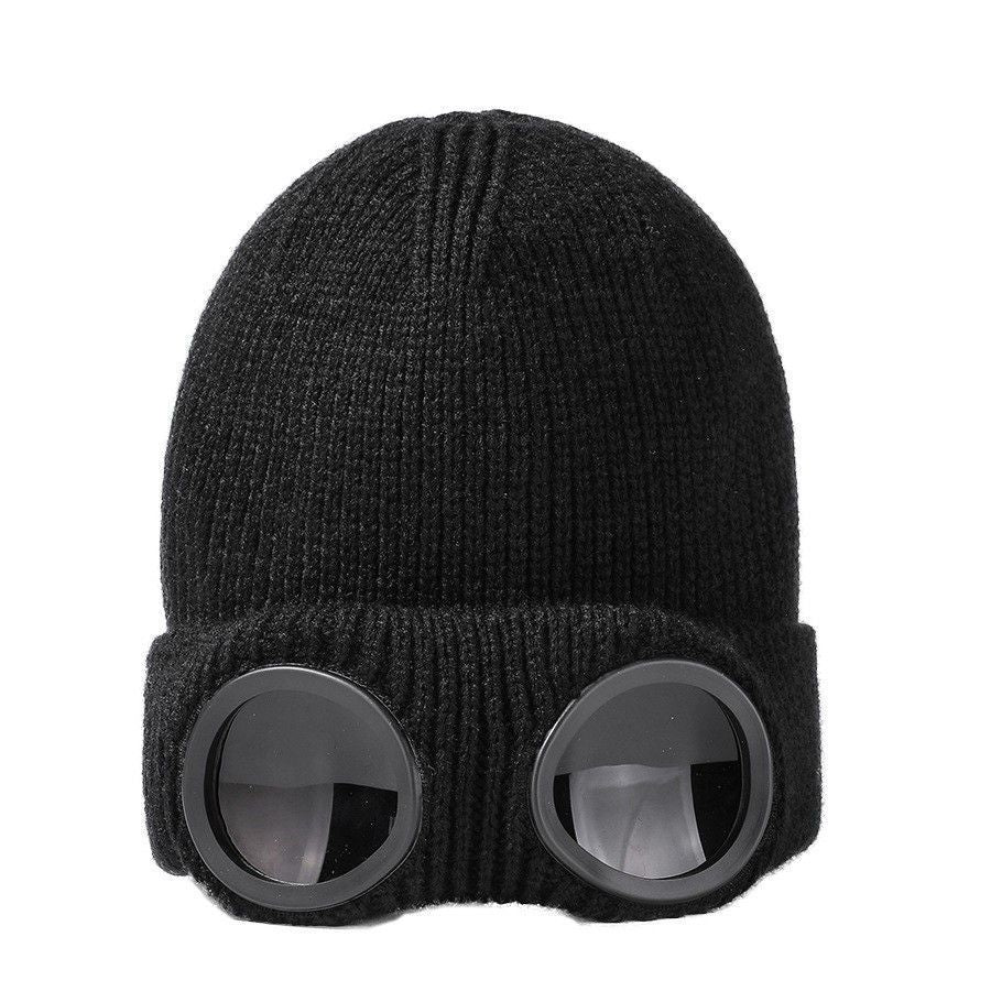 Warm Thick Knit Cold Weather Hat Attached Wind Resistant Eyewear, Upgraded Thermal Beanie, Classic Black One Size