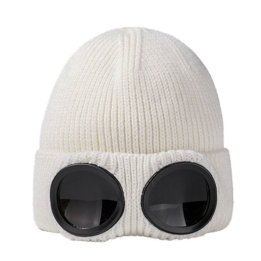 Thermal Fleece Lined Outdoor Knit Beanie With Windproof Glasses, Updated Cozy Winter Hat, Cream White One Size